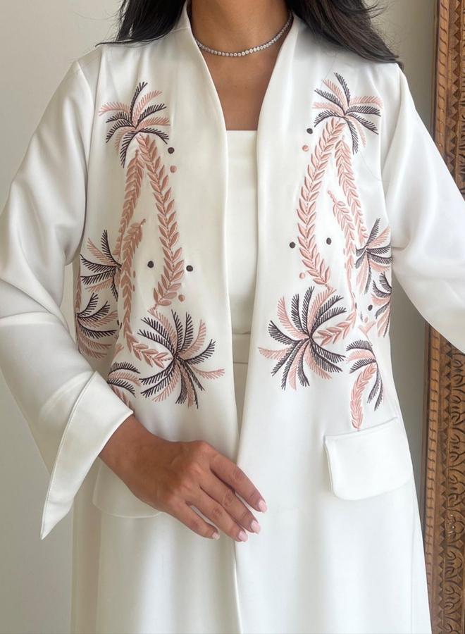 Take Two White Embroidered Open Front Abaya - Image 3