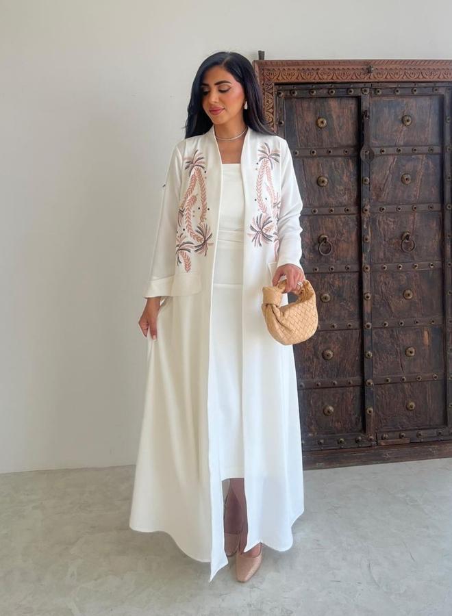 Take Two White Embroidered Open Front Abaya - Image 1
