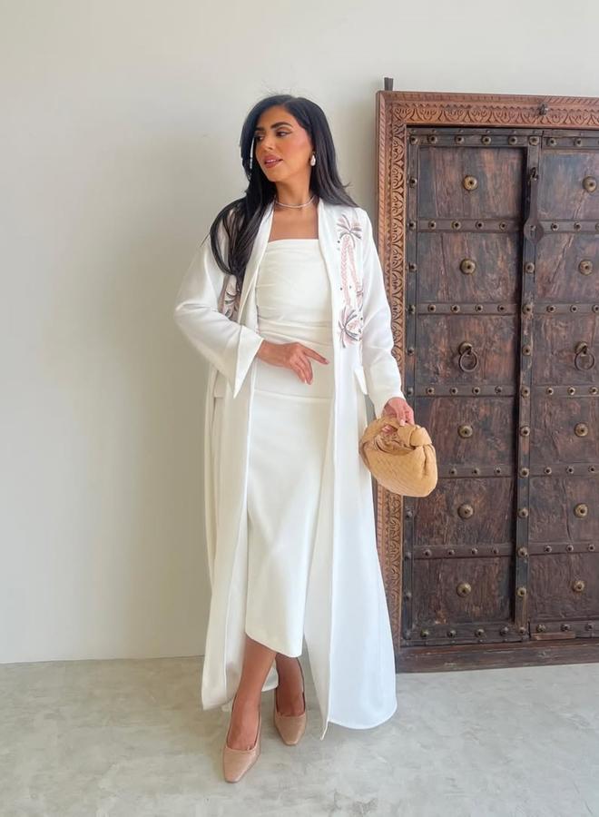 Take Two White Embroidered Open Front Abaya - Image 2