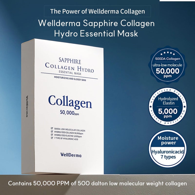 WELLDERMA Sapphire Collagen Hydro Essential Mask, 10 Sheets â€“ Moisturizing & Soothing Sheet Mask with Collagen & Ceramide, 1.01 fl.oz (30mL) x 10ea - Image 2