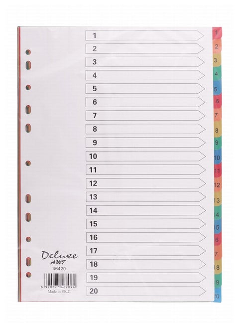 Plastic File Divider Tabs With Twenty Divisions With Number Multicolour
