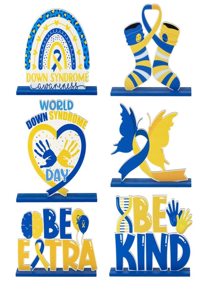 CPicdn 6Pcs Down Syndrome Awareness Wooden Tiered Tray Decoration Centerpieces, Yellow Blue Ribbon Wood Sign Table Topper Decor The Lucky Few Holiday Party Supplies for School Home Office Desk Shelf - Image 1