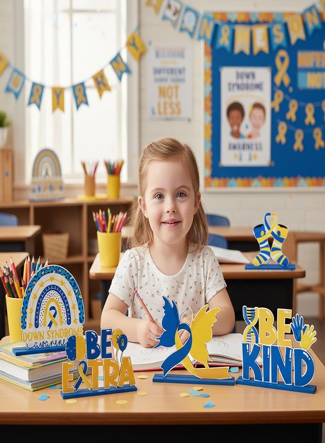 CPicdn 6Pcs Down Syndrome Awareness Wooden Tiered Tray Decoration Centerpieces, Yellow Blue Ribbon Wood Sign Table Topper Decor The Lucky Few Holiday Party Supplies for School Home Office Desk Shelf - Image 4