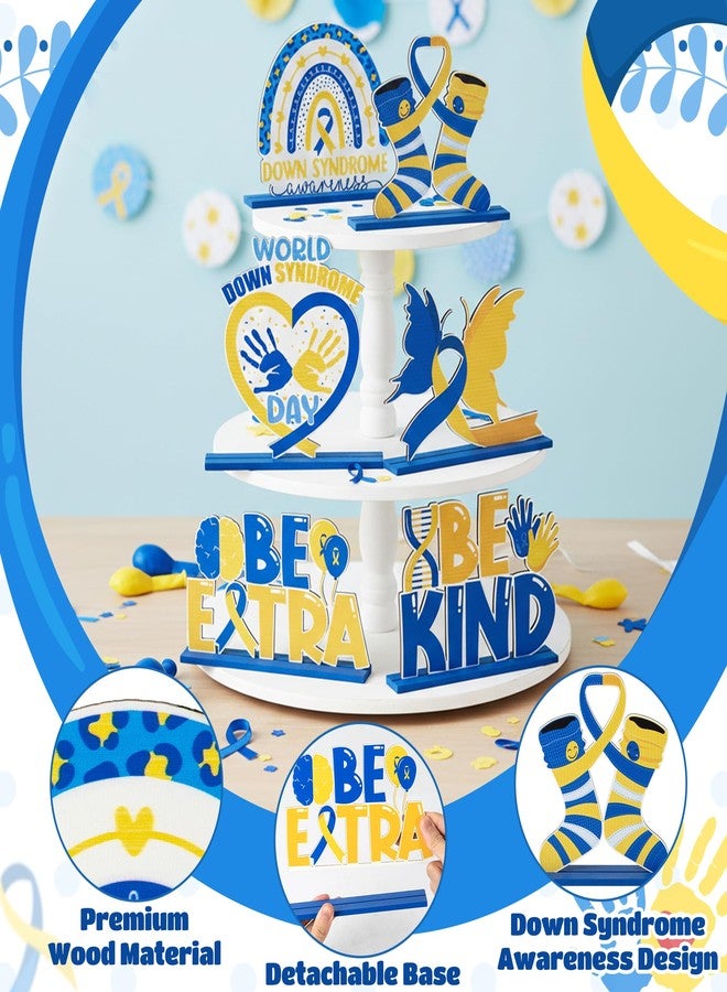 CPicdn 6Pcs Down Syndrome Awareness Wooden Tiered Tray Decoration Centerpieces, Yellow Blue Ribbon Wood Sign Table Topper Decor The Lucky Few Holiday Party Supplies for School Home Office Desk Shelf - Image 3