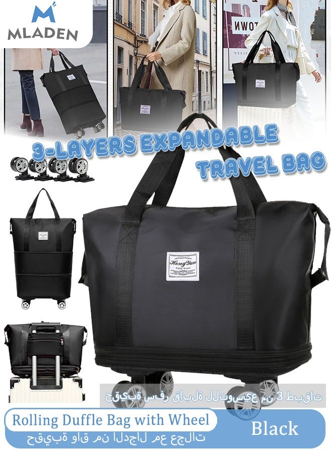 MLADEN Rolling Duffle Bag with Wheels 3-Layers Expandable Travel Bag Foldable Carry-on Bag with Detachable Wheels Large Gym Bag Weekend Bag Travel Luggage Bag Tote Bags for Men and Women(Black) - Image 1