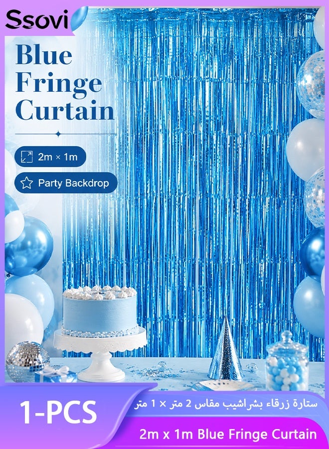Ssovi Self-Adhesive Shiny Blue Foil Fringe Curtain, 2m x 1m Metallic Tinsel Party Backdrop for Birthday, Baby Shower and Photo Booth, 1 Piece - Image 1