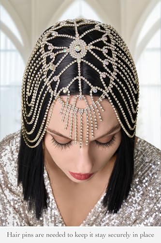 BABEYOND Vintage Style Roaring 20s Crystal Rhinestone Flapper Cap Headpiece Head Jewelry Chains - Image 2