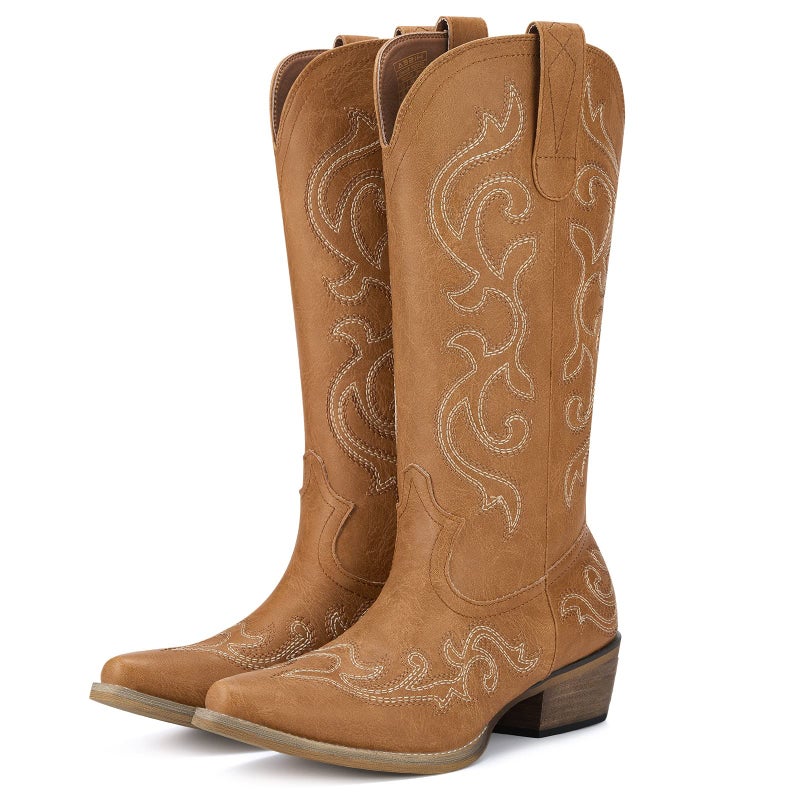 HISEA Rollda Cowboy Boots for Women Western Cowgirl Boots with Chunky Heel Ladies Snip Toe Mid-Calf Boots Brown Size 8 - Image 1