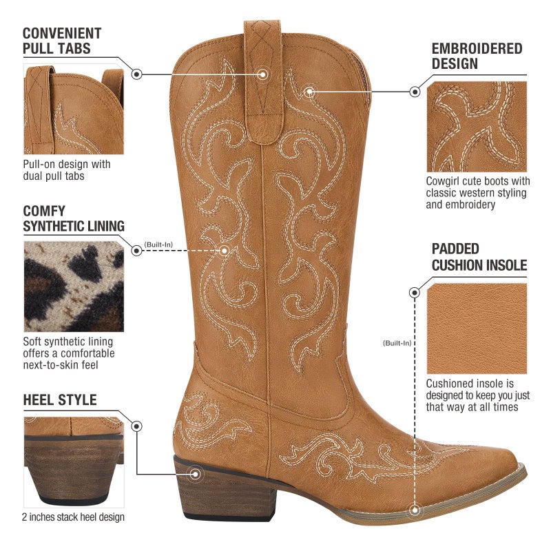 HISEA Rollda Cowboy Boots for Women Western Cowgirl Boots with Chunky Heel Ladies Snip Toe Mid-Calf Boots Brown Size 8 - Image 5
