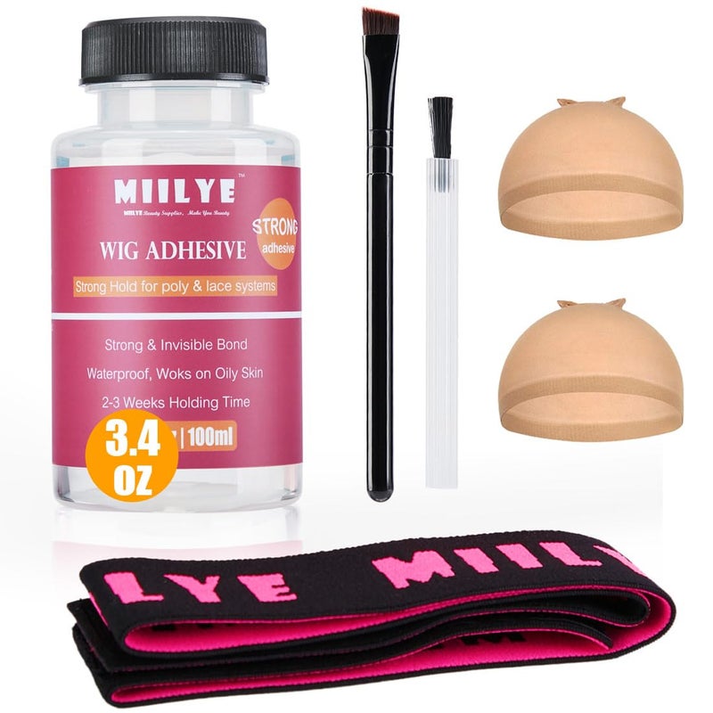 MIILYE Clear Wig Glue Pack, 3.4OZ/100ml Waterproof Adhesive for Toupee Hair Replacement, Strong Hold Acrylic for Front Lace Wig, With Melting Band, Brush and Caps - Image 1
