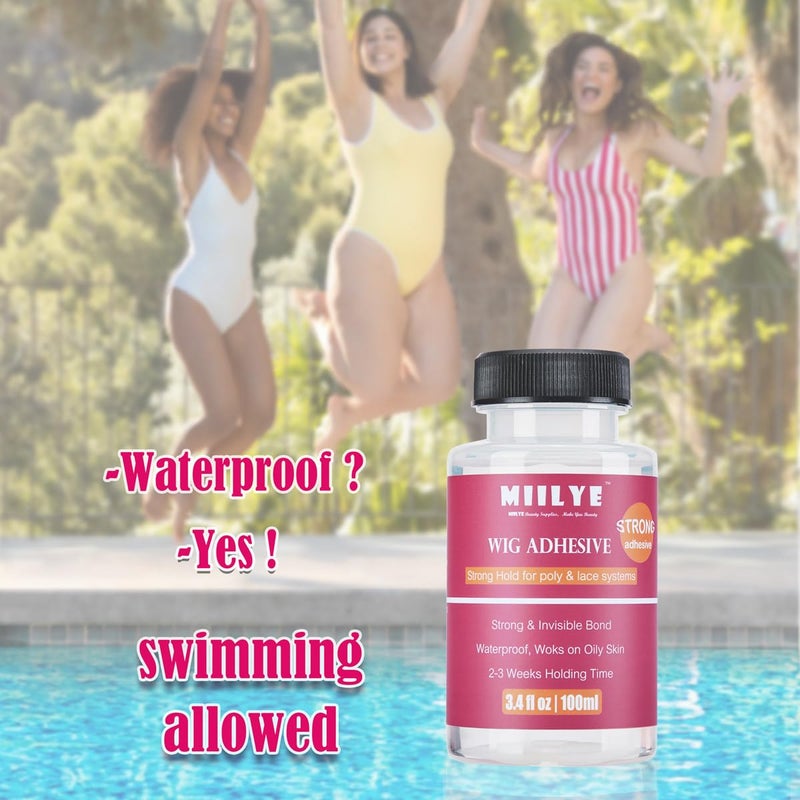 MIILYE Clear Wig Glue Pack, 3.4OZ/100ml Waterproof Adhesive for Toupee Hair Replacement, Strong Hold Acrylic for Front Lace Wig, With Melting Band, Brush and Caps - Image 3
