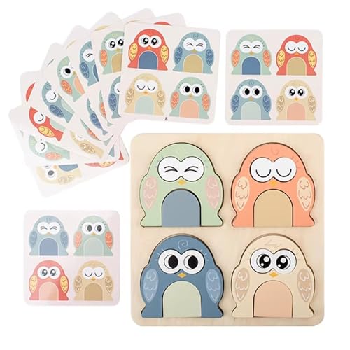 Lefan Montessori Wooden 3D Cute Owl Face Changing Puzzle for Kids Emotional Expression Matching Game with 10 Double-Sided Question Cards Educational Wooden Toy for Preschool Boys Girls Ages 3-6 - Image 1