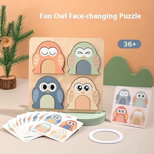 Lefan Montessori Wooden 3D Cute Owl Face Changing Puzzle for Kids Emotional Expression Matching Game with 10 Double-Sided Question Cards Educational Wooden Toy for Preschool Boys Girls Ages 3-6 - Image 2