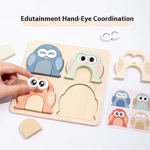 Lefan Montessori Wooden 3D Cute Owl Face Changing Puzzle for Kids Emotional Expression Matching Game with 10 Double-Sided Question Cards Educational Wooden Toy for Preschool Boys Girls Ages 3-6 - Image 4