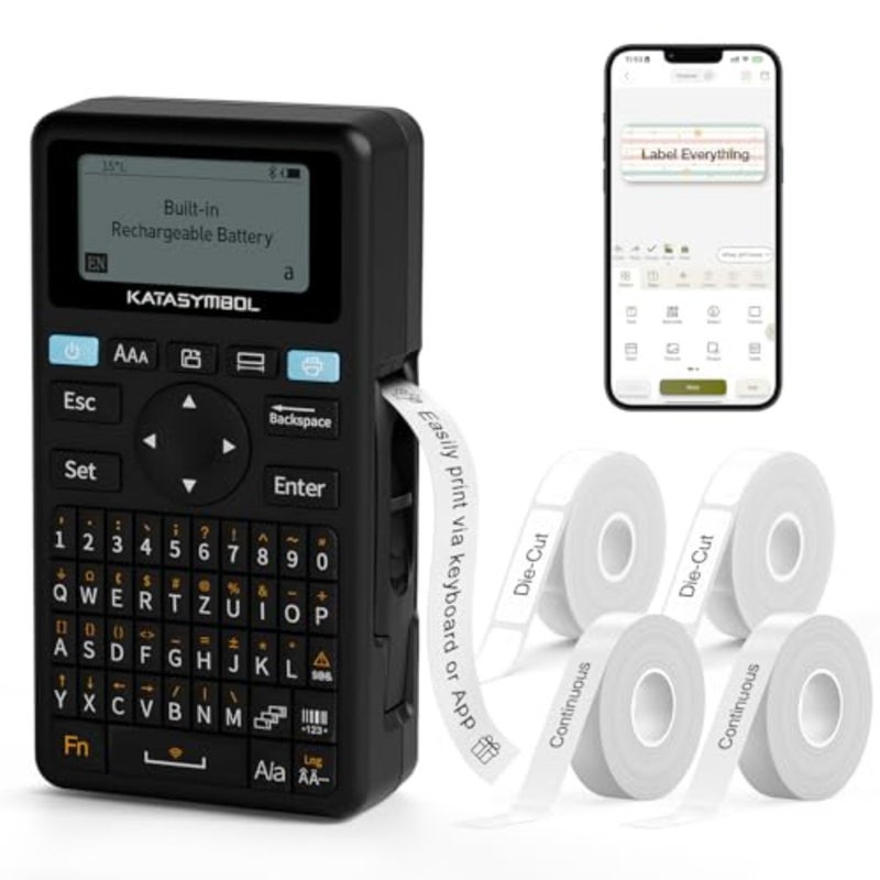 E11 Bluetooth Label Printer With 4 Label Rolls Rechargeable Home Office Use Black Wireless Thermal Printing - Image 1