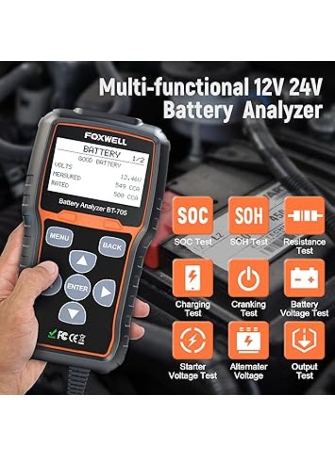 FOXWELL BT705 Car Battery Tester 12V 24V, Automotive 100-2000CCA Battery Load Tester Analyzer, Digital Cold Cranking Charging System Alternator Tester for Heavy Duty Truck Boat Marine SUV ATV - Image 2