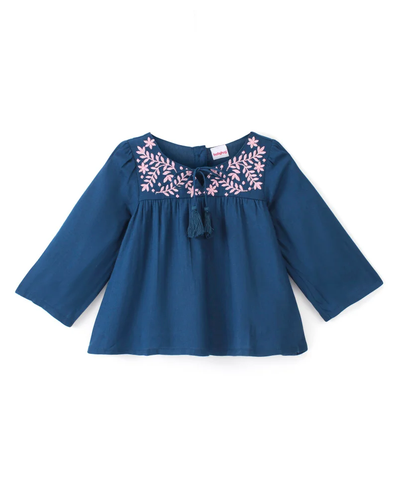 babyhug Babyhug 100% Rayon Woven  Full Sleeves Leafy Embroidery & Tassel Detailing Top  - Navy Blue