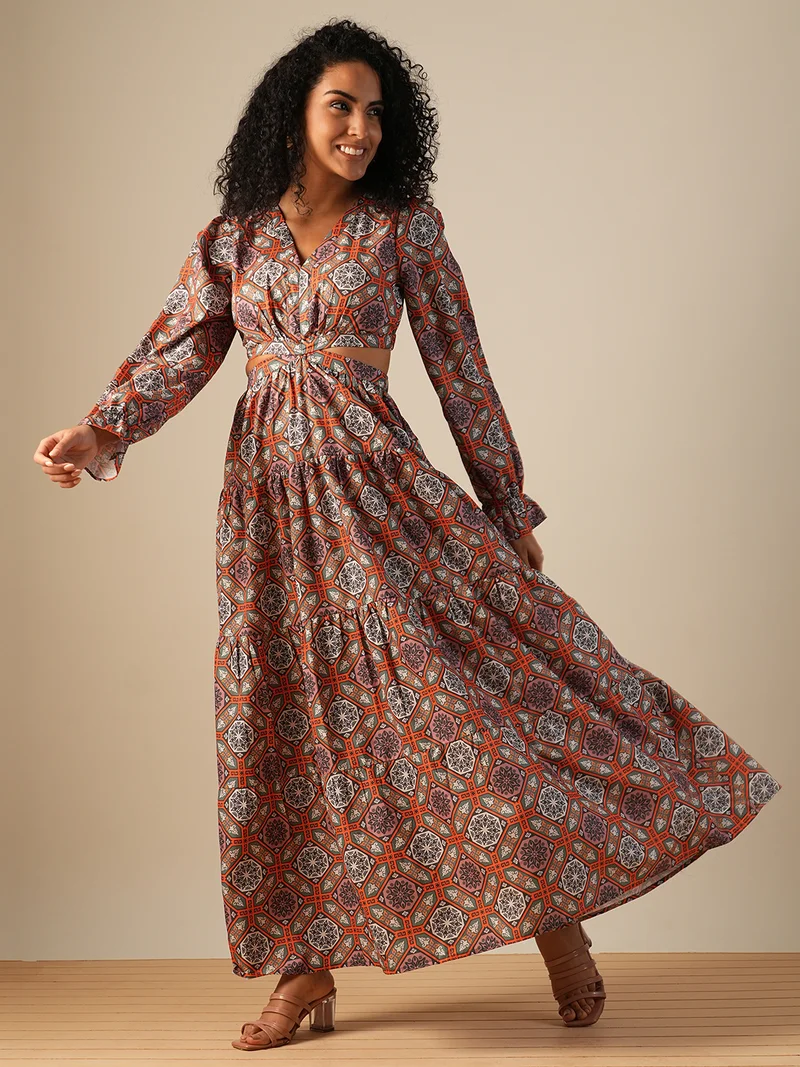 globus Globus Women V-Neck Bishop Sleeves Ethnic Printed Cut-Out Detail Fit & Flare Fusion Maxi Dress