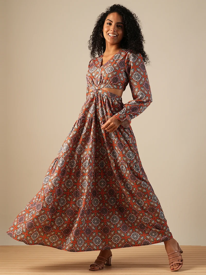 globus Globus Women V-Neck Bishop Sleeves Ethnic Printed Cut-Out Detail Fit & Flare Fusion Maxi Dress