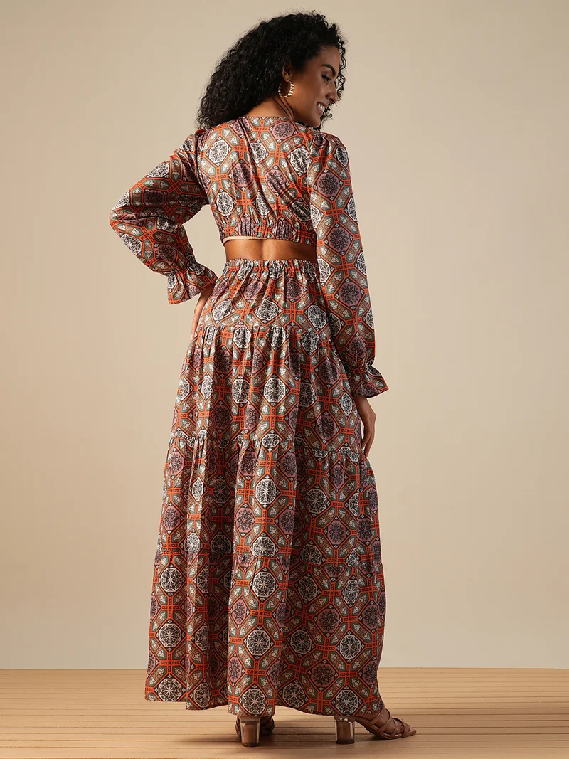 globus Globus Women V-Neck Bishop Sleeves Ethnic Printed Cut-Out Detail Fit & Flare Fusion Maxi Dress