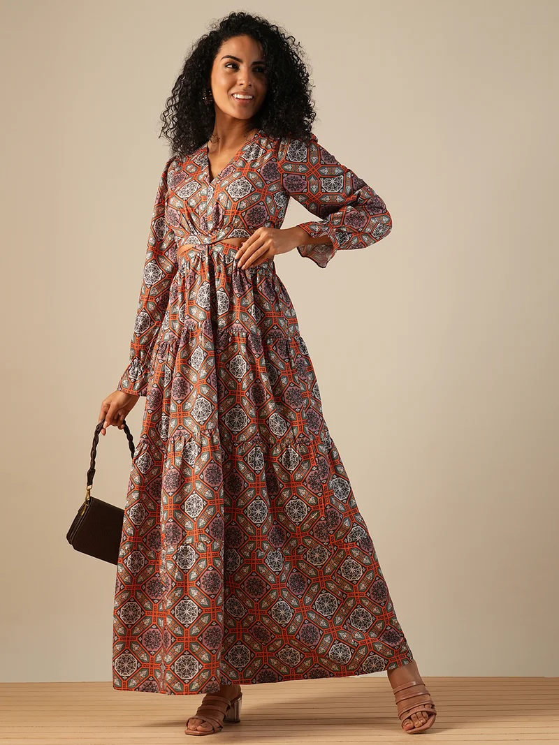 globus Globus Women V-Neck Bishop Sleeves Ethnic Printed Cut-Out Detail Fit & Flare Fusion Maxi Dress