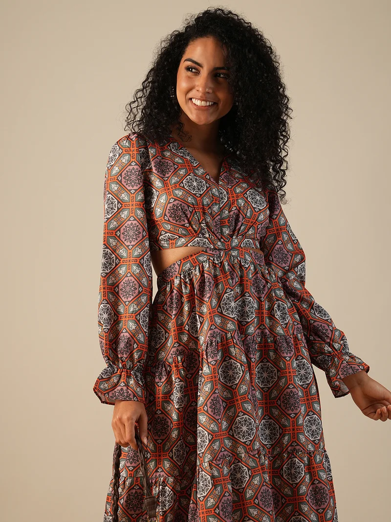 globus Globus Women V-Neck Bishop Sleeves Ethnic Printed Cut-Out Detail Fit & Flare Fusion Maxi Dress
