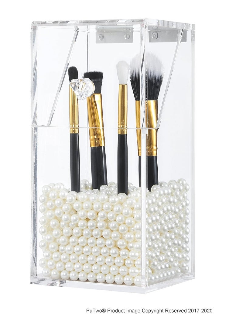 Makeup Brush Holder Dustproof Acrylic Storage Box Makeup Organizer, White Pearl, Small, 37.39 Ounce - Image 1