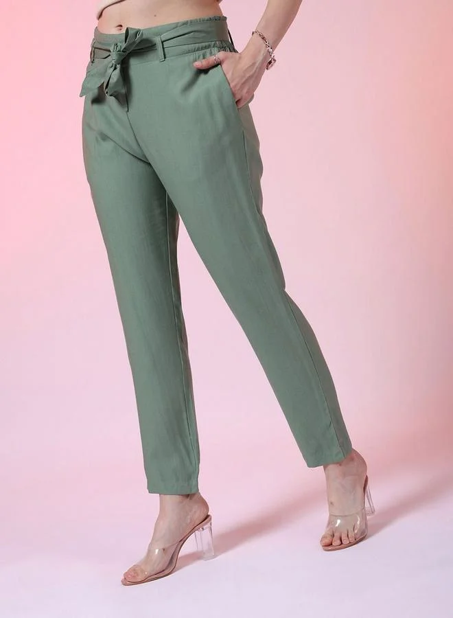 Freehand Freehand Women Green Tapered Pants with Tie Belt