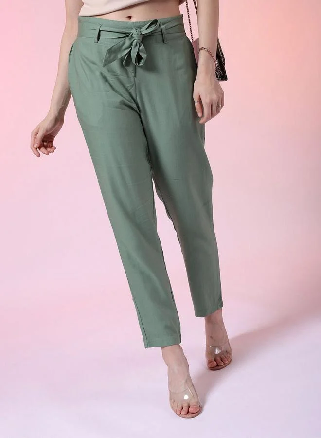 Freehand Freehand Women Green Tapered Pants with Tie Belt