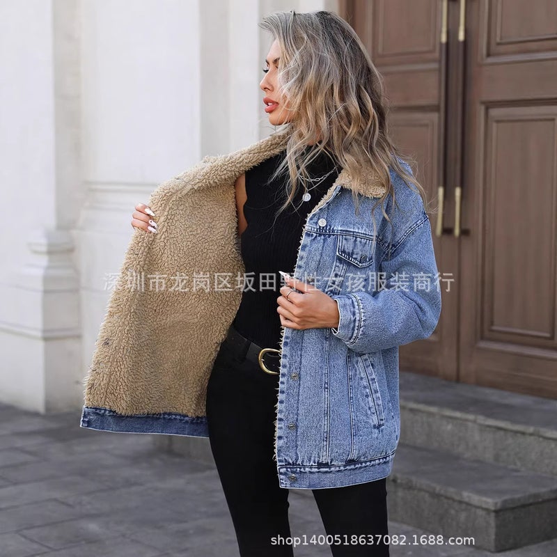 Explosions -20780 Women'S Clothing Loose Fleece-Lined Denim Cotton Denim Coat - Image 2