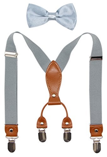 Bioterti Suspenders & Bowtie Set for Kids and Baby - Adjustable Elastic X-Band Strong Clips Braces (Light Grey) - Image 1