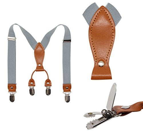 Bioterti Suspenders & Bowtie Set for Kids and Baby - Adjustable Elastic X-Band Strong Clips Braces (Light Grey) - Image 2