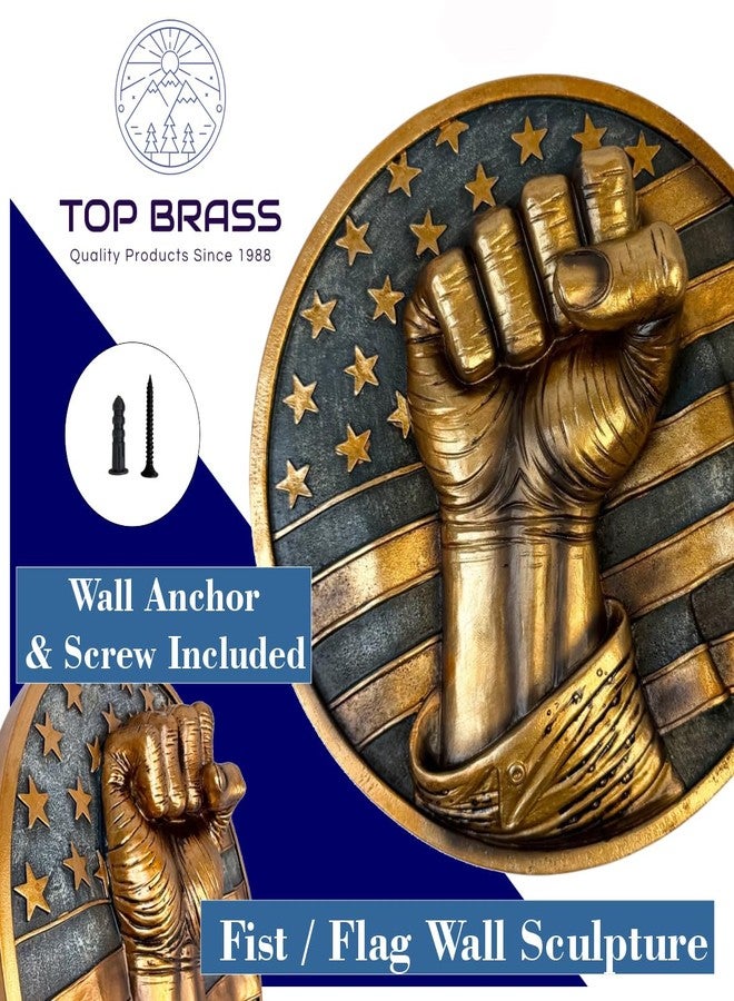 Top Brass Patriotic Fist Wall Décor - 6” Diameter 3D Artwork with American Flag Design, Rustic Bronze Finish, Freedom, Strength, Stars and Stripes Sculpture for Home or Office - Defiant USA Hanging Art Plaque - United States of America Décor - Image 3