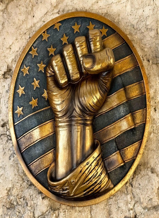 Top Brass Patriotic Fist Wall Décor - 6” Diameter 3D Artwork with American Flag Design, Rustic Bronze Finish, Freedom, Strength, Stars and Stripes Sculpture for Home or Office - Defiant USA Hanging Art Plaque - United States of America Décor - Image 2