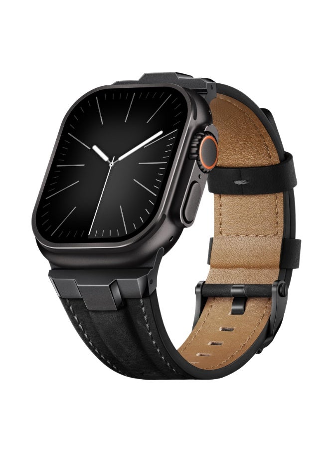KISSUN Leather Bands Compatible for Apple Watch Ultra Band 49mm 46mm 45mm 44mm 42mm, Genuine Leather Rugged Durable Matel Connector Replacement Strap for Women Men iWatch Ultra 10 9 8 7 6 5 4 3 SE - Image 1