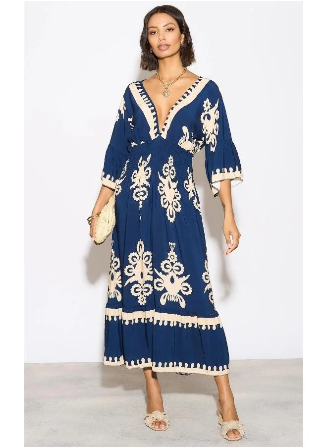Hoxton Gal Navy Printed V-Neck Maxi Dress with 3/4 Sleeves – Relaxed Fit