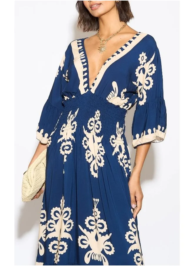 Hoxton Gal Navy Printed V-Neck Maxi Dress with 3/4 Sleeves – Relaxed Fit