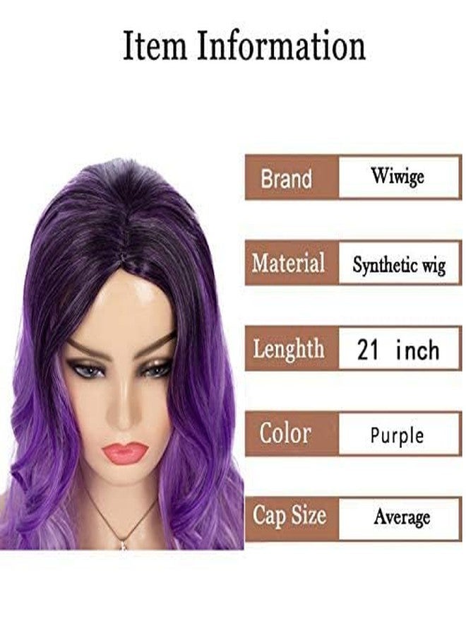 Wiwige Long Curly Wavy Ombre Purple Wigs for Women Synthetic Natural Middle Part Daily Party Halloween Cosplay Wig with Wig Cap 21" - Image 5