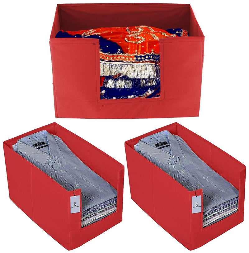 Kuber Industries Kuber Industries Non Woven 2 Piece Shirt Stacker and 1 Piece Foldable Rectangle Cloth Saree Stacker Cloth Wardrobe Organizer Wardrobe Organizer Red CTKTC038299 - Image 1
