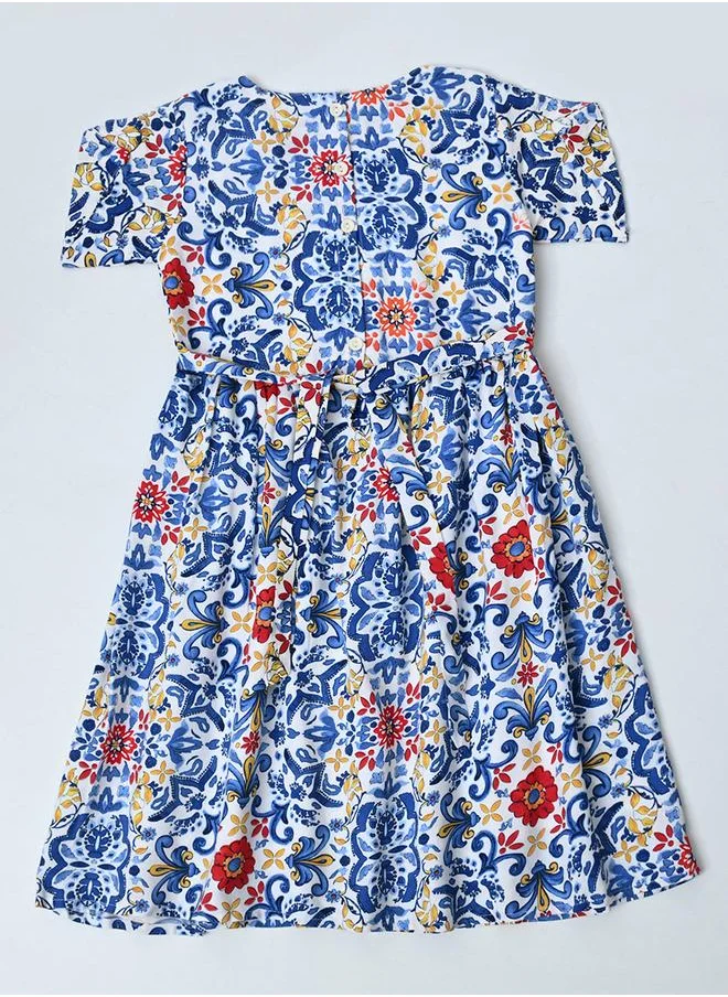 BELLA MODA Bella Moda All-Over Floral Print Puff Sleeves Cotton Dress with Lining