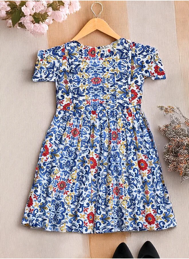 BELLA MODA Bella Moda All-Over Floral Print Puff Sleeves Cotton Dress with Lining