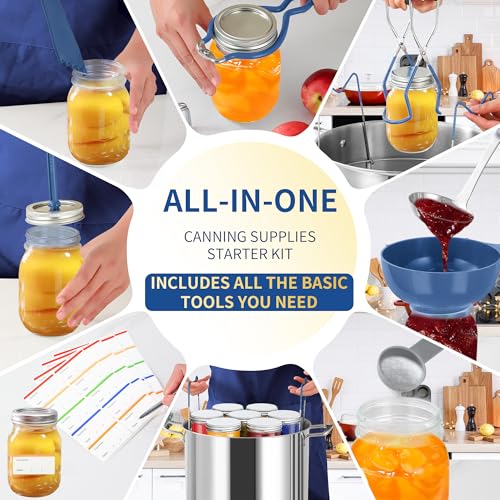 Gemfino Canning Supplies Starter Kit,Canning Kit for Beginners of 9 with Jar Lifter，Wide Mouth Funnel,Wrench,Tongs,Lid Lifter,Bubble Popper,Canning Labels,ladle,Measuring Spoon-Blue - Image 4