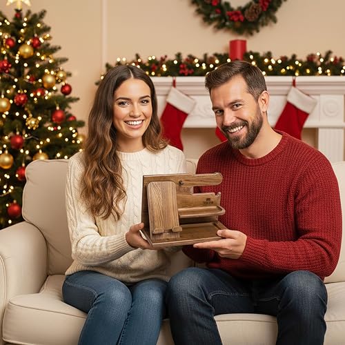 TESLYAR Wood Phone Docking Station for Men - Desk or Nightstand Organizer - Birthday Gifts for Husband or Dad - Anniversary Idea from Wife - Key Holder, Stand Wallet, Watch & Essentials (Earth Beige) - Image 2