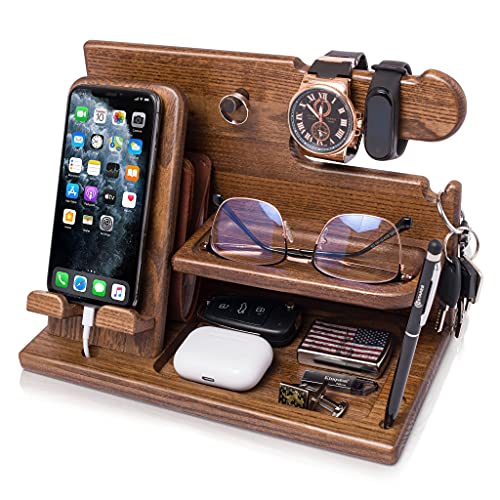 TESLYAR Wood Phone Docking Station for Men - Desk or Nightstand Organizer - Birthday Gifts for Husband or Dad - Anniversary Idea from Wife - Key Holder, Stand Wallet, Watch & Essentials (Earth Beige) - Image 1