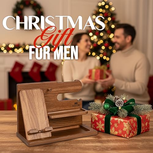 TESLYAR Wood Phone Docking Station for Men - Desk or Nightstand Organizer - Birthday Gifts for Husband or Dad - Anniversary Idea from Wife - Key Holder, Stand Wallet, Watch & Essentials (Earth Beige) - Image 4