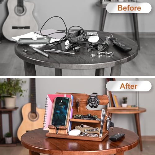TESLYAR Wood Phone Docking Station for Men - Desk or Nightstand Organizer - Birthday Gifts for Husband or Dad - Anniversary Idea from Wife - Key Holder, Stand Wallet, Watch & Essentials (Earth Beige) - Image 3