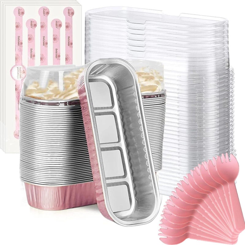 Findful Mini Loaf Baking Pans with Lids and Spoons (50 Pack, 6.8oz) Rectangle Aluminum Foil Baking Pans Tins Containers - Cupcake Containers Wrappers Cheesecake Creme Brulee Ramekins - Image 1