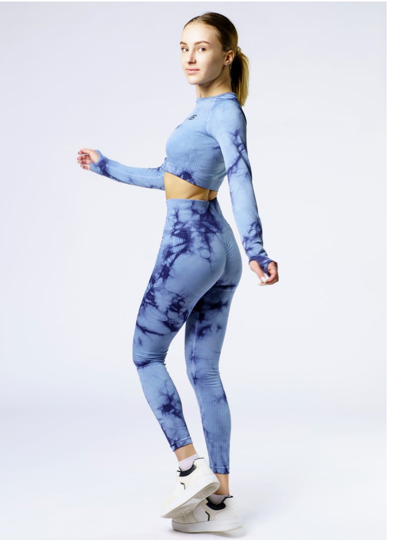 Bernessi Nylon Tie Dye Long Sleeve Crop Top with Round Neck Women's Cropped T Shirt for Workout Yoga Running Exercise Textured Blue Aqua  - Image 3