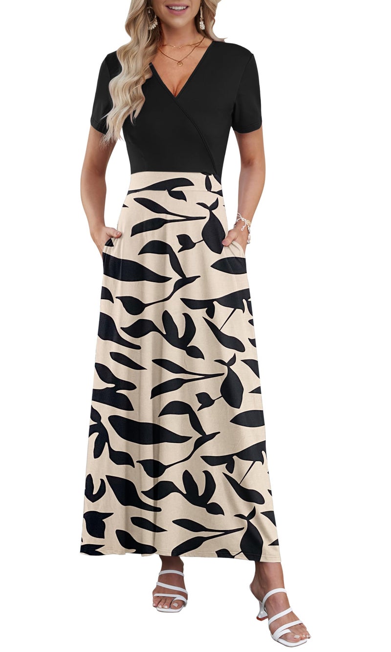 AUSELILY Maxi Dresses for Women Ankle Length Floral Print Beach Long Flowy Dress with Pockets Black Leaf XL - Image 1