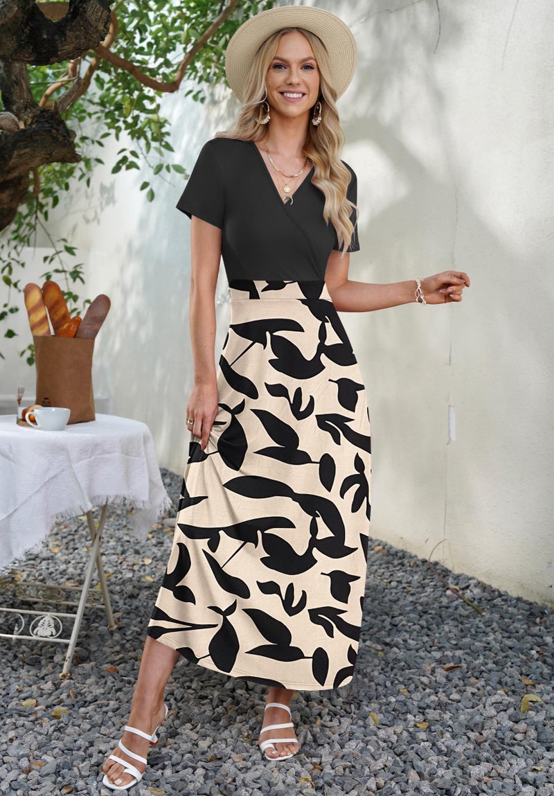 AUSELILY Maxi Dresses for Women Ankle Length Floral Print Beach Long Flowy Dress with Pockets Black Leaf XL - Image 3